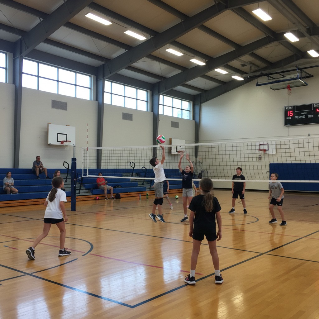 Children play volleyball on a hardwood court in a gymnasium with several spectators sitting on blue bleachers in the background.