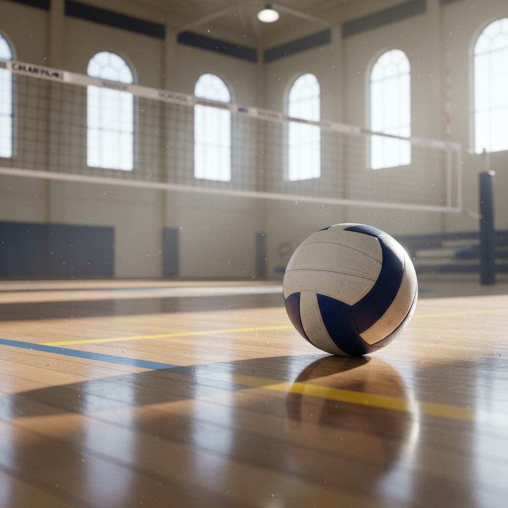 A blue and white volleyball sits on the polished wood floor of a gymnasium in front of a volleyball net.